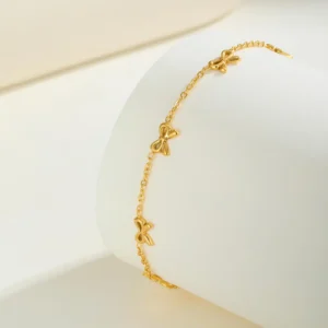 Minimalist Bowknot Bracelet for Women,Gold Color Stainless Steel Flat Rolo Chain Bow Bracelets,Trendy Waterproof Jewelry Gifts