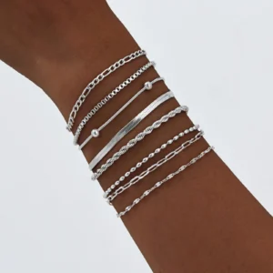 Women Chain Bracelet Silver Color, Stainless Steel Link Stackable Bracelets, Layered Fashion Accessories Gifts